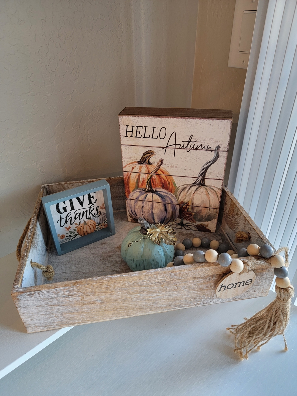 Rustic Whitewashed Wood Tray with Decorative Autumn Accents